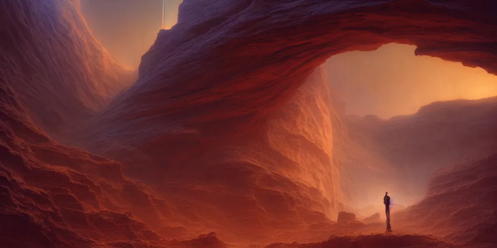 Prompt: a silhouette wanders in a martian canyon, by jean delville and sophie anderson and mandy jurgens and ralph mac quarrie, retrofuturism, immaculate scale, moody atmosphere, cinematic atmospheric, cinematic lighting, golden ratio, perfect composition, elegant, no crop, extremely detailed, 4 k, hd, sharp focus, masterpiece, trending on artstation