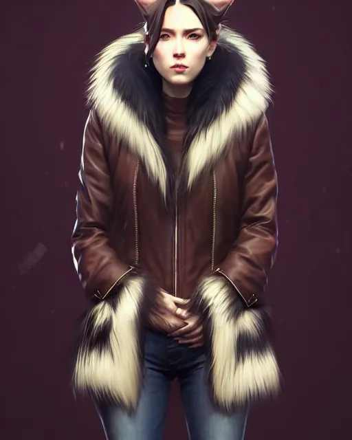 Image similar to fur - lined dragonhide jacket!!! beautiful and elegant female!! gorgeous ayes!! symmetry, character concept art, sharp focus, illustration, artgerm!! greg rutkowski! wlop!! ilya kuvshinov!! charlie bowater! octane render! unreal engine 5! highly rendered!! trending on artstation!!