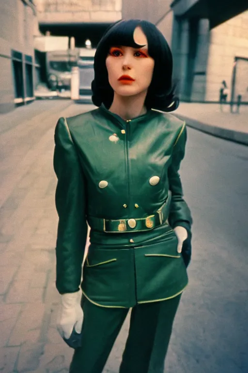 Prompt: ektachrome, 3 5 mm, highly detailed : beautiful three point perspective extreme closeup 3 / 4 portrait photo in style of chiaroscuro style 1 9 7 0 s frontiers in flight suit cosplay paris seinen manga street photography vogue fashion edition