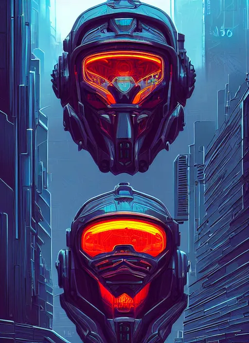 Prompt: a lion cyborg helmet in a cyberpunk city abandoned by dan mumford, center frame singular high fantasy character concept art symmetrical features, digital painting, sharp focus, illustration