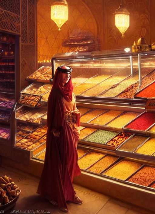 Image similar to a young arabian lady shopping at a desert spice market at night, shiny, fantasy, intricate, elegant, hyper detailed, ultra definition, photoreal, artstation, unreal engine rendered, concept art, smooth, sharp focus, illustration, art by artgerm and greg rutkowski and alphonse mucha and garis edelweiss