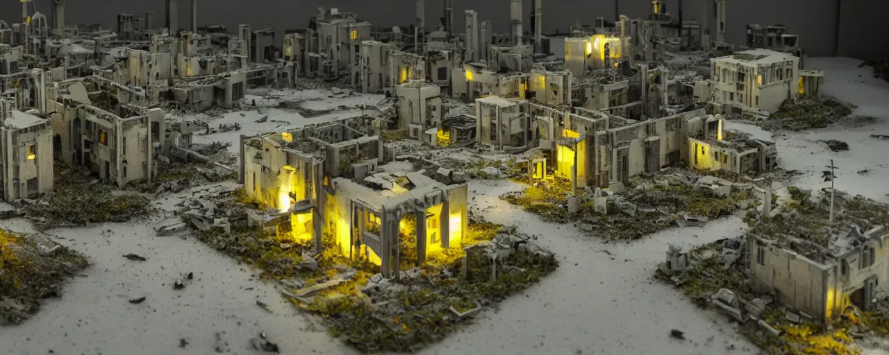 Image similar to mega detailed miniature voxel diorama abandoned research facility, brutalism architecture, tilt shift suburban, hard lights are on in the windows, dark night, fog, winter, blizzard, uncozy and not peaceful atmosphere, row of street lamps with cold yellow light, several ruins nearby, cold war era 1 9 6 0