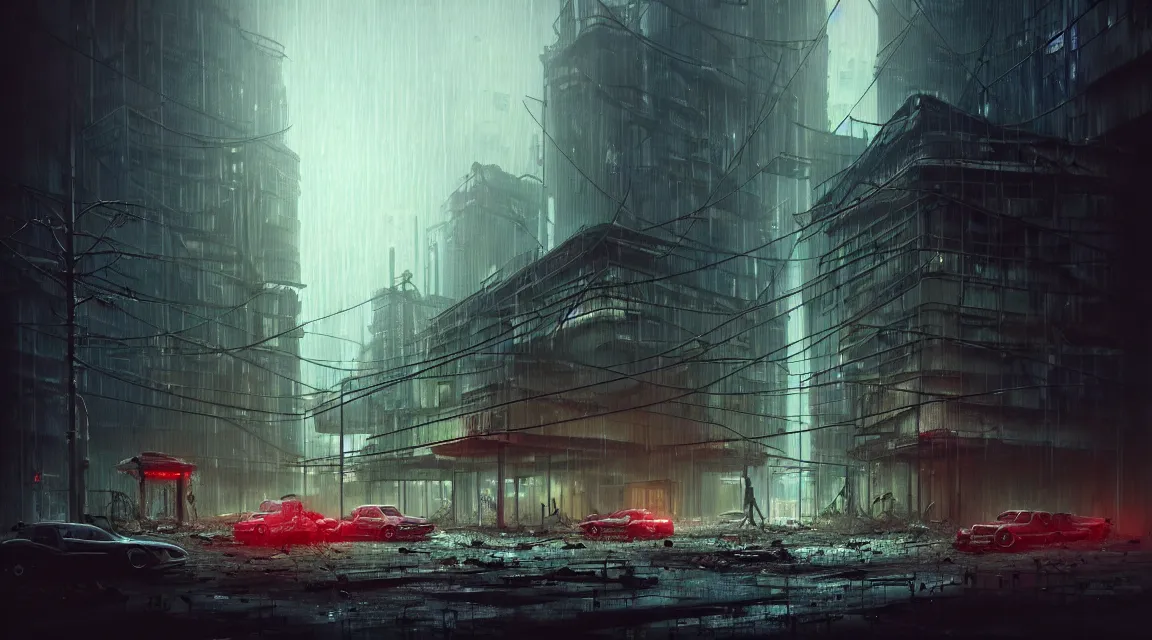 Image similar to post apocalyptic city building, raining, building, avenue, modern contemporary urban americana concrete architecture, by pascal blanche, neil blevins, cyberpunk color scheme, trending on artstation, photorealistic, neon ambiance, ultra detailed, high definition, depth of field, bokeh, rubble, wild vegetation, blood stains, building crumbling, post - apocalyptic warriors
