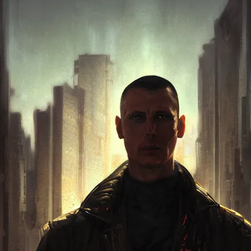 Prompt: cyberpunk, armitage, closeup portrait of an ex soldier with one artificial eye, brown buzzcut, dramatic light, city background, sunset, dystopian setting, high contrast, sharp, neuromancer, painted by stanley lau, painted by greg rutkowski, painted by stanley artgerm, digital art, trending on artstation