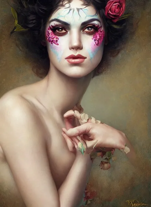 Image similar to a woman with her face painted. face painting of flowers. beautiful highly detailed face. painting by manuel sanjulian and tom bagshaw.