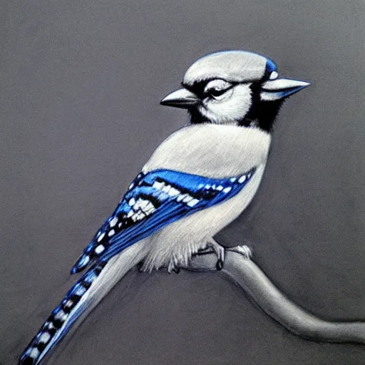 Prompt: charcoal drawing of a blue jay