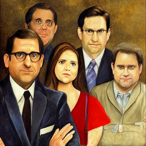 Prompt: the cast of the office, steve carell, jenna fischer, john krasinski, rainn wilson, portrait painting by hieronymus bosch