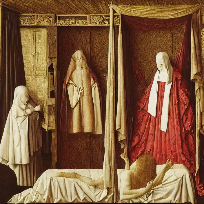 Image similar to three monsters jumping on the bed with white cloth and baldachin. jan van eyck