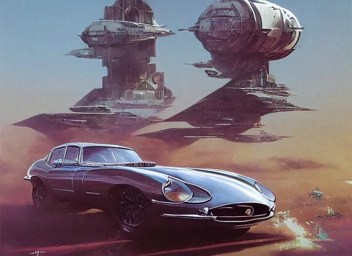 Image similar to ( ( ( ( ( jaguar e - type car, car concept art, sci - fi illustration, painting, in the style of star wars ) ) ) ) ) by vincent di fate and john berkey and star wars!!!!!!!