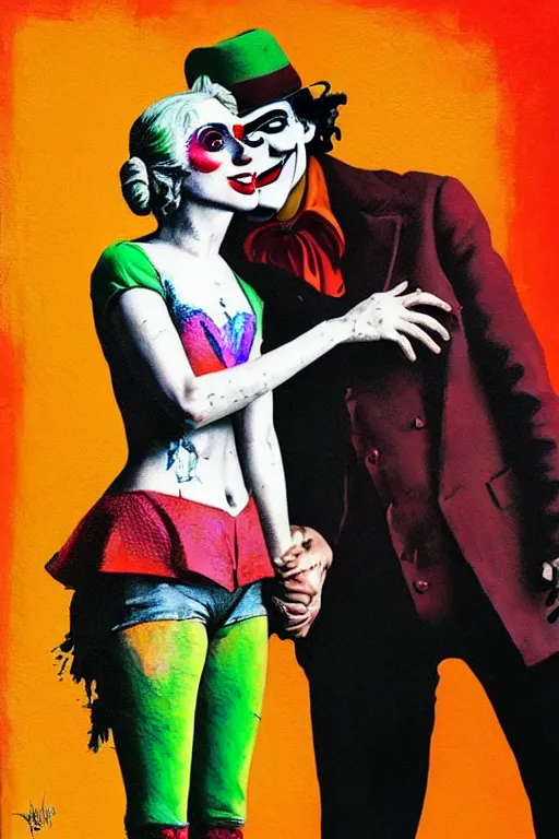 Image similar to ilya yefimovich repin and mimmo rottela and banksy as joaquin phoenix skinny joker, holding hand, lady gaga harley queen, ultra photorealistic, intricate details, pop art style, concept art, confident posse, random object details, 3 colours, warm color, 4 k, ultra smooth, sharp focus