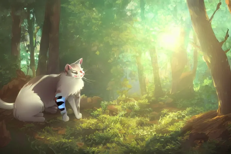 Prompt: a cat in a forest, backlighting, trending on artstation, furry art, by kawacy, warm lighting, digital art