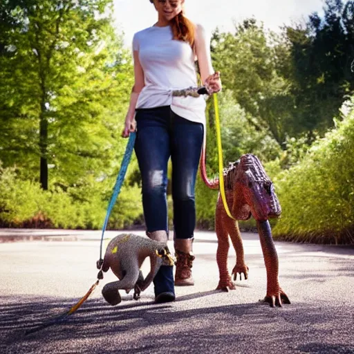 Image similar to award winning portrait of a young woman walking her pet dinosaur on a leash,