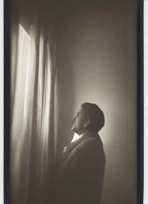 Image similar to a man looking out a window in the afternoon, flash polaroid photo by george hurrell, hazy light rays