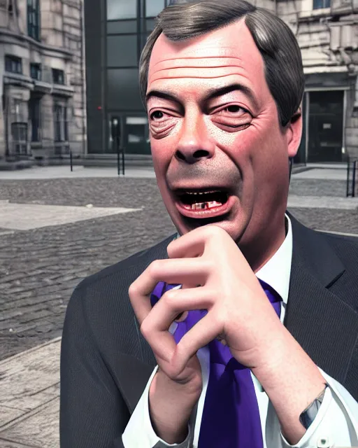 Image similar to Bitter Nigel Farage with a pint on his hand. Unreal engine, fantasy art by Betty Jiang. Faithfully depicted facial expression, perfect anatomy global illumination, radiant light, detailed and intricate environment