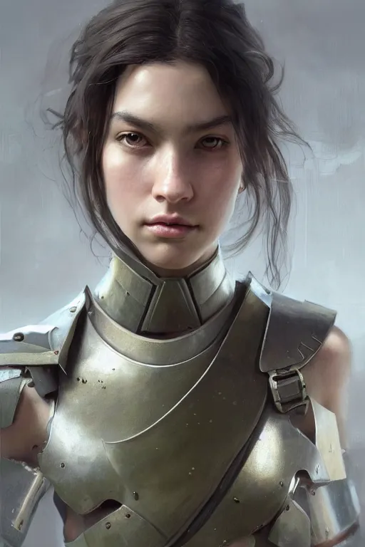 Image similar to a photorealistic painting of an attractive young girl, partially clothed in battle armor, olive skin, long dark hair, beautiful bone structure, symmetrical face, perfect eyes, intricate, elegant, digital painting, concept art, illustration, sharp focus, minimal artifacts, from Metal Gear, in the style of Ruan Jia and Mandy Jurgens, by Greg Rutkowski, trending on Artstation, award winning