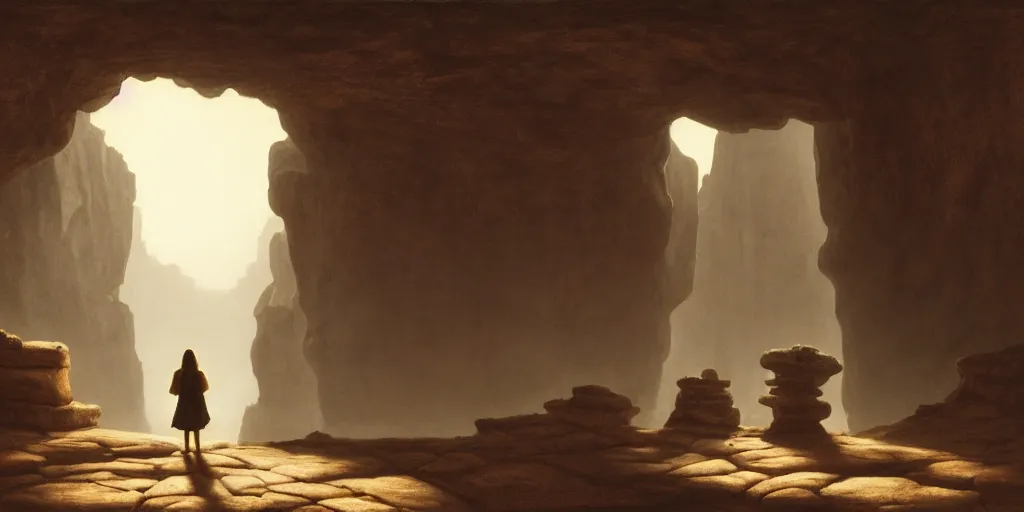 Image similar to a young girl stands next to a stone giant, shadow of the colossus, in front of a temple, in a large desert cave, dramatic lighting, hudson river school