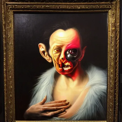 Image similar to refined gorgeous colorful blended oil painting with black background by christian rex van minnen rachel ruysch dali todd schorr of a chiaroscuro portrait of an extremely bizarre disturbing mutated man with shiny skin acne intense chrome reflections chiaroscuro cast shadows obscuring features dramatic lighting perfect composition masterpiece