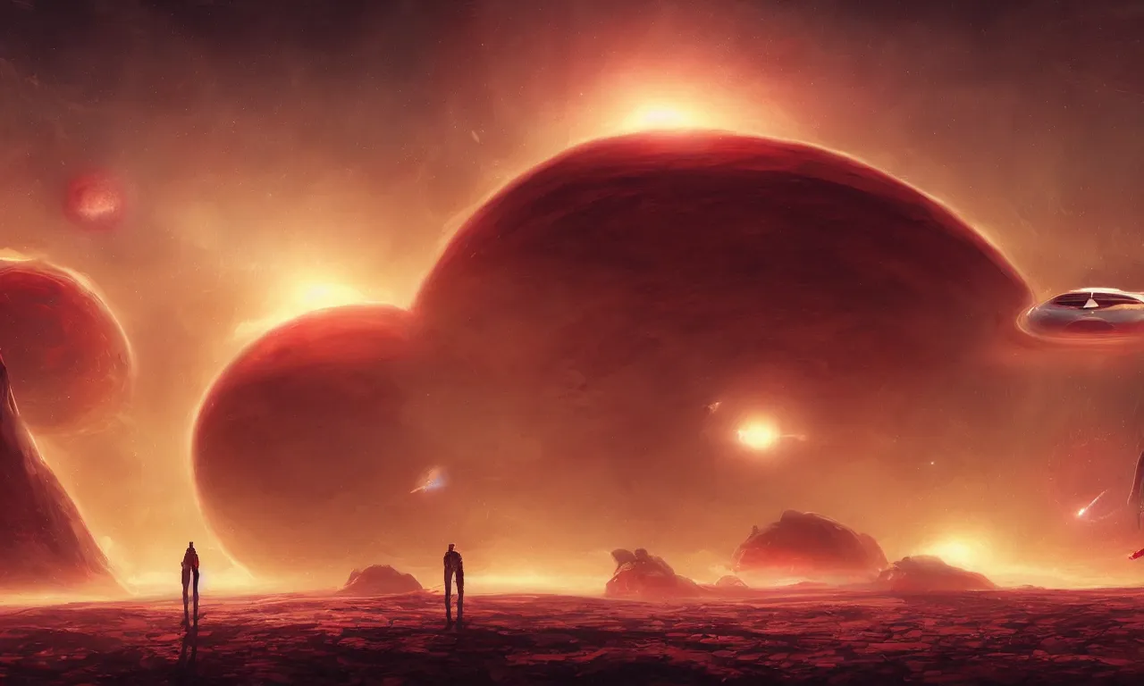 Image similar to a vew above a red alien planet. in the foreground there is aa gigantic and long alien spacecraft. in the background there is a wormhole. scifi, in the style of Charlie Bowater, Charlie Bowater