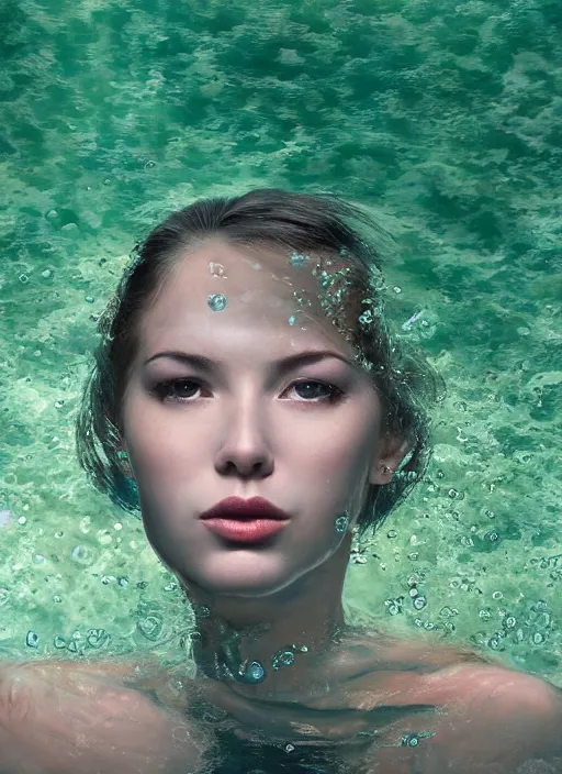 Image similar to A beautiful closeup portrait of a woman fully submerged ecxept of the top of his head, excited look in her eyes, water reflection, in style of frontiers in a spring water fall surrounded by greenery, highly detailed, soft lighting, elegant,sigma 85mm, shallow depth of field, Edward Hopper and James Gilleard, Zdzislaw Beksinski, Steven Outram, highly detailed