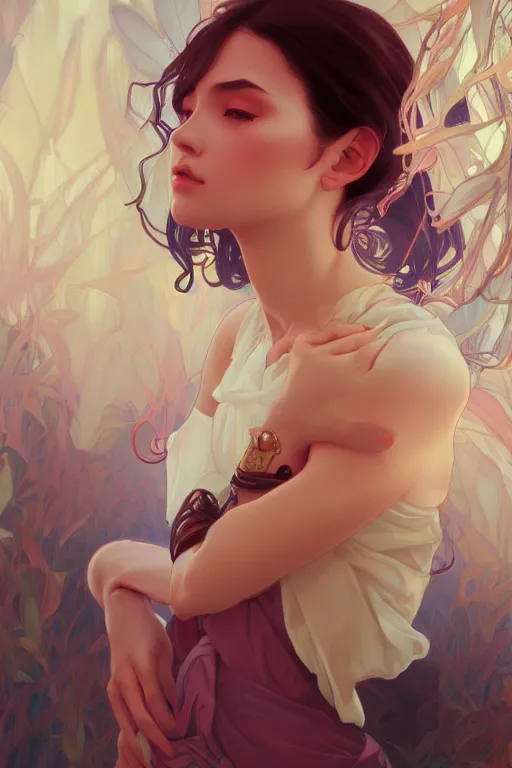 Prompt: A beautiful girl, highly detailed, digital painting, artstation, concept art, smooth, sharp focus, illustration, art by artgerm and alphonse mucha, high definition digital art, in the style of Ross tran and ilya kuvshinov