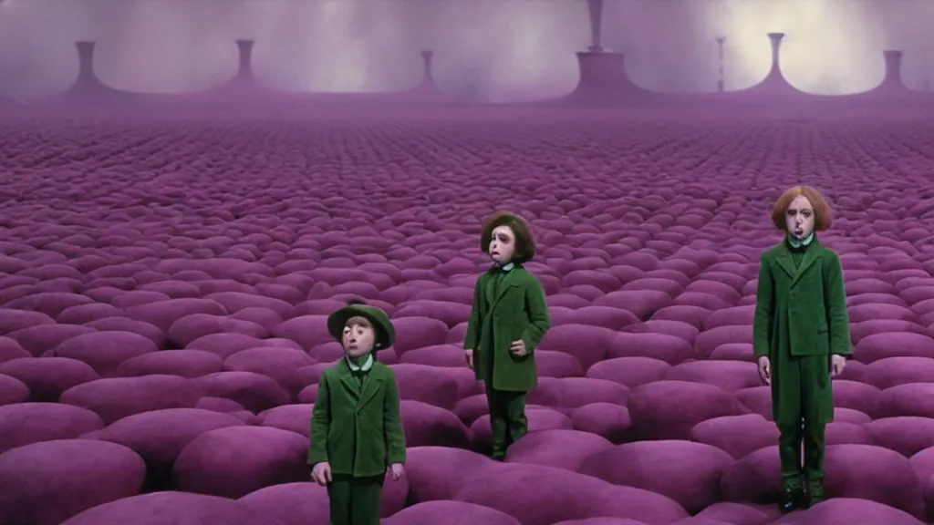 Image similar to Charlie in Willy Wonka’s chocolate factory, film still from the movie directed by Denis Villeneuve with art direction by Zdzisław Beksiński, wide lens