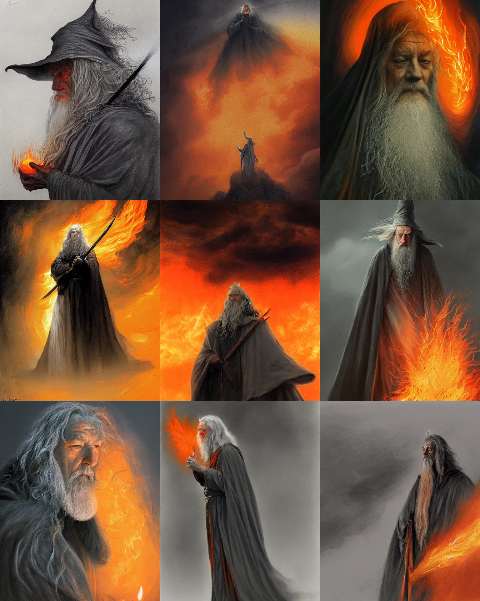 Prompt: gandalf shrouded in shadows, surrounded by billowing pitch black clouds of smoke and blinding orange flame, by alan lee, intricate, detailed, digital painting, artstation