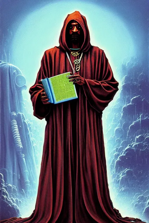 Prompt: painting of snoop dog as a cloaked tech priest holding a book, adeptus mechanicus!, cybernetic enhancements attached to his body, praise the omnissaiah, zdzislaw beksinski, lewis jones, mattias adolfsson, warhammer 4 0 k!!, cold hue's, warm tone gradient background, concept art, digital painting