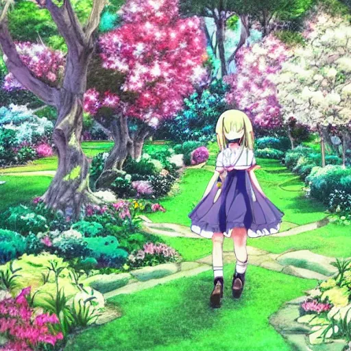 Prompt: cute art of a beautiful anime girl walking in the garden, aesthetically pleasing, detailed,