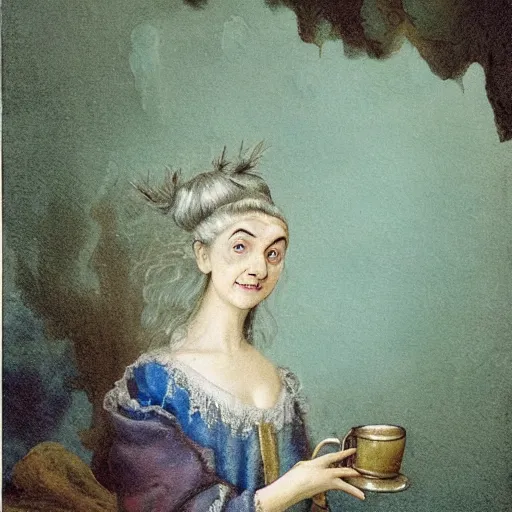 Image similar to A 18th century, messy, silver haired, (((mad))) elf princess (Mr. Bean), dressed in a ((ragged)), wedding dress, is ((drinking a cup of tea)). Everything is underwater and floating. Greenish blue tones, theatrical, (((underwater lights))), high contrasts, fantasyconcept art, inspired by John Everett Millais's Ophelia