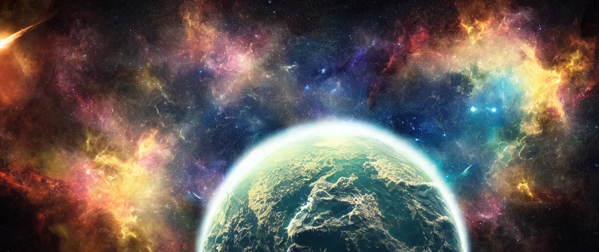 Image similar to a small lone crumbling island, center of image, floating in space, debris, planets, stars, nebula, studio, digital art, detailed, depth of field