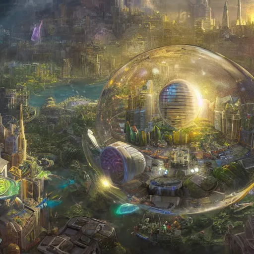 Image similar to a bubble terrarium utopia, with cities galore, dynamic lighting, fantasy concept art, trending on art station, stunning visuals, creative, cinematic, ultra detailed