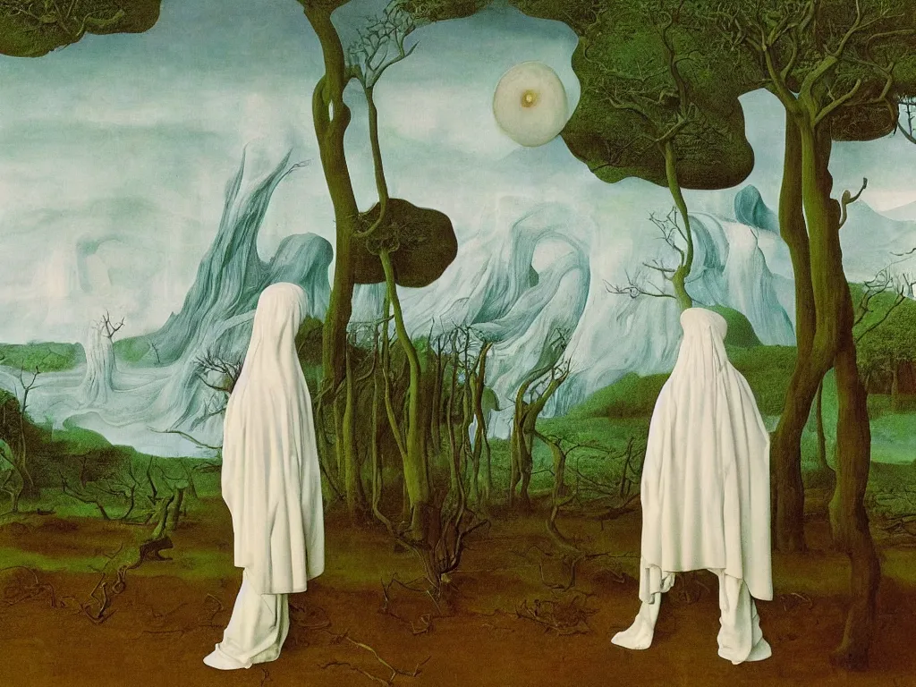 Prompt: Albino mystic with the back turned, with forest landscape flooded by a tsunami, giant wave. Painting by Jan van Eyck, Audubon, Rene Magritte, Agnes Pelton, Max Ernst, Walton Ford