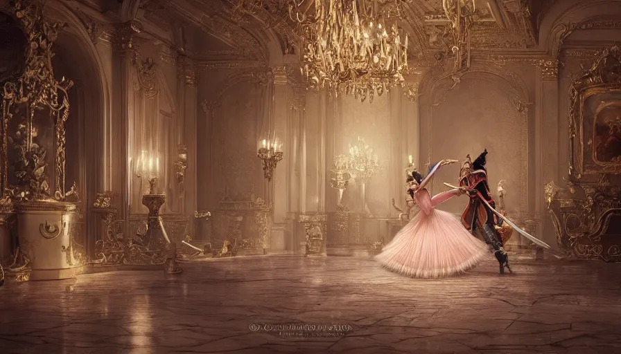 Prompt: the nutcracker and the ballerina dancing in an intricate detailed baroque room in the style of dark souls game series, hyperrealistic, breathtaking, octane render, epic composition, high resolution, Charlie Bowater, Tom Bagshaw, Norman Rockwell, insanely detailed and intricate, trending on artstation, masterpiece, 8k