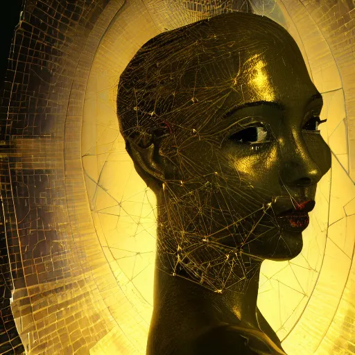 Image similar to comics by camille corot, zeng fanzhi, teal chinese abstract shattered statue standing in god rays, beautiful female body and golden glue dripping acrylic portrait, mechanical superstructure, sacred geometry, supermodel body, beautiful light, statue of carving marble, intricate 8 k render, dark mood, cinematic light, golden spirals, clockwork