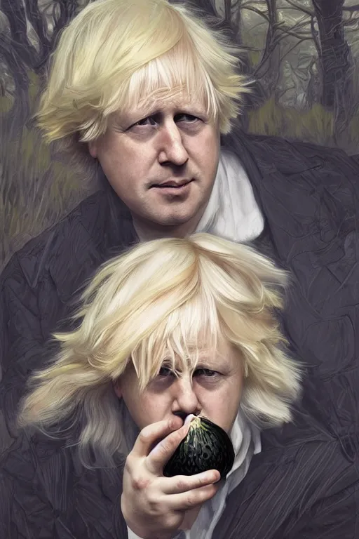 Prompt: beautiful cottagecore Boris Johnson holding a Black Onion, blonde Hair, dark forest, intricate, elegant, highly detailed, digital painting, artstation, concept art, smooth, sharp, focus, illustration, art by artgerm and greg rutkowski and alphonse mucha