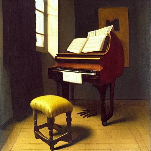 Prompt: octopus playing piano, sitting on the piano stool, oil painting, vermeer