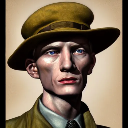 Prompt: A Hearts of Iron IV portrait of a blonde German actor with high cheekbones. Good bone structure. Dressed in 1940s style. Highly detailed, fine Art, high detail, great lighting, 8k resolution, masterpiece, concept art, illustration, clear eyes, painting oil on canvas, octane render, HDR, trending on artstation, 4k, 8k, HD