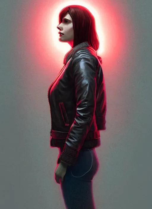 Prompt: pretty young woman with shoulder length shiny shimmering dark red hair and wearing a stuffed leather jacket with the glow of neon lights illuminating her, path traced, highly detailed, high quality, digital painting, by cd projekt red, cyberpunk, leesha hannigan, makoto shinkai