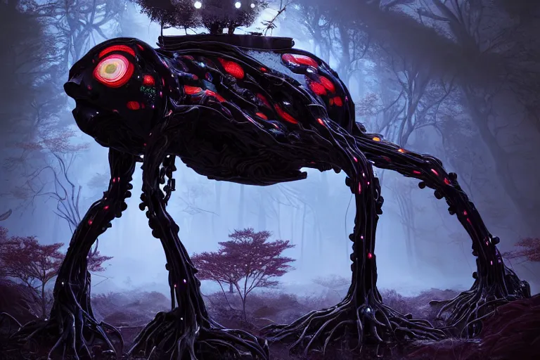 Image similar to portrait of a posed hyper detailed complex, plowhorn evangelion realistic mechanical and bioluminescent organic creature in a dark deep forest at dawn in spring, with reflection and textures, by kilian eng, substance painter reaslitic mech surface metal painted scratches