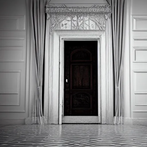 Image similar to a ghost realm doorway in a victorian room with white curtains photorealistic vivid 8k