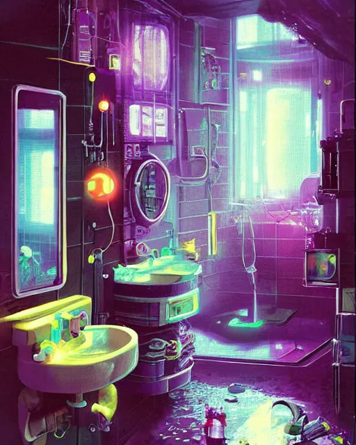 Image similar to IKEA catalogue photo of a cyberpunk bathroom, by Paul Lehr