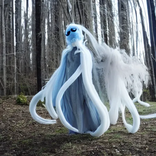 Prompt: ethereal ghostly live action muppet wraith like figure with a parasitic squid head with two very long tentacles for arms that flow gracefully at its sides with a long fuzzy snake tail body, it stalks around the frozen tundra searching for lost souls and that hide in the shadows in the trees, this character uses hydrokinesis and electrokinesis, it is a real muppet by sesame street, photo realistic, real, realistic, felt, stopmotion, photography, sesame street