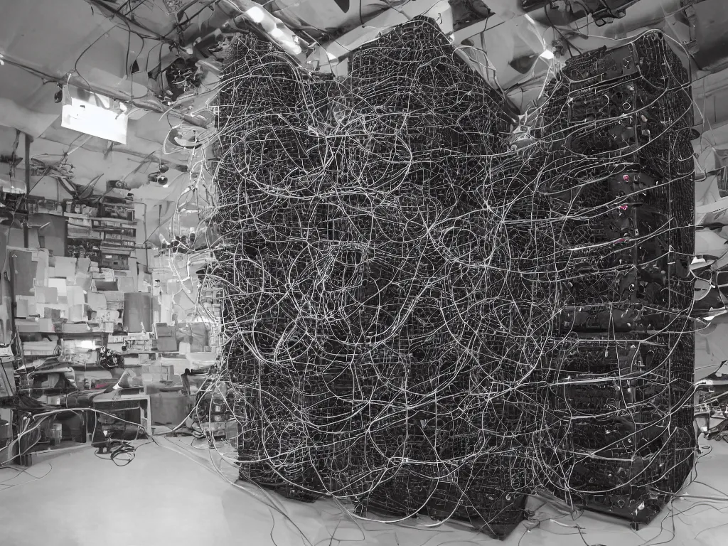 Image similar to a hyper realistic an overwhelming huge speaker stack pa sound system made from intertwining synthesizers and sound speakers and complex wires and led and intricate circuitry