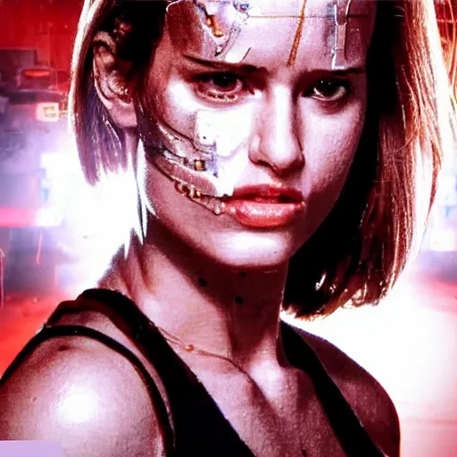 Prompt: photo of Sarina!!!!!!!!!!!!! terminator beats terminator t100!!!!!!!!, 8k resolution, high detail, ULTRA-REALISTIC VFX, reflections