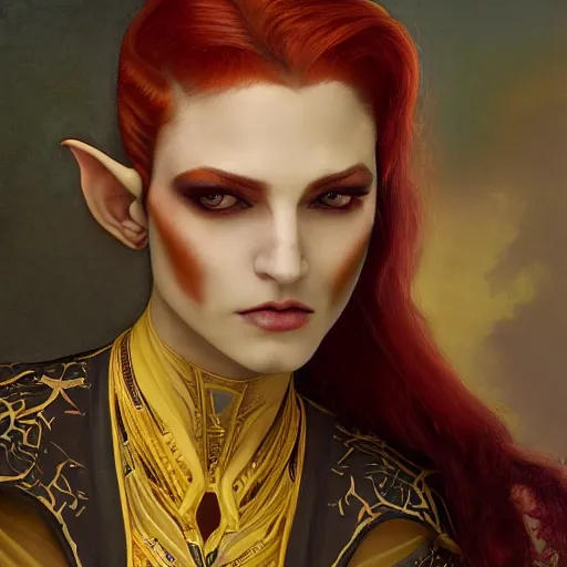 Image similar to a beautiful and androgynous half - elf with almond skin tone and messy short red hair and catlike features with yellow eyes with slit pupils, dressed in a jodhpuri suit, dnd character, golden aura, realistic portrait by ross tran and gerald brom and kehinde wiley and fernando amorsolo and alphonse mucha, trending on artstation