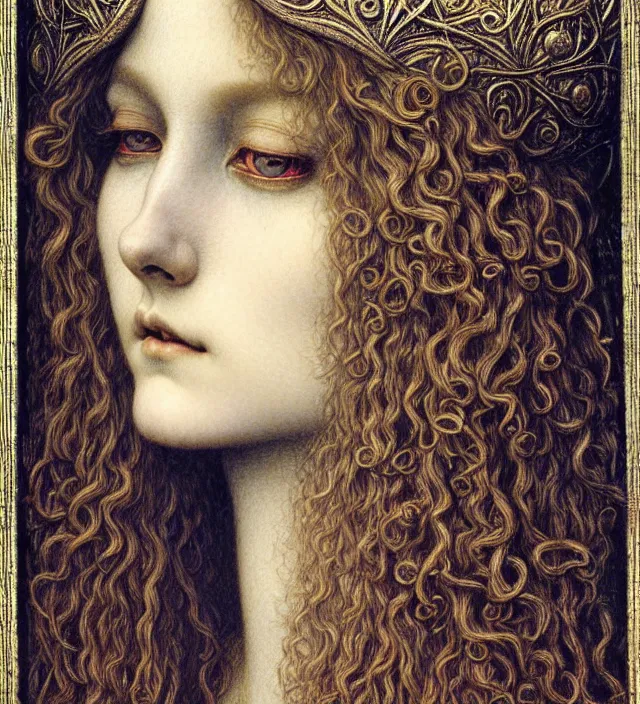 Image similar to detailed realistic beautiful young medieval queen face portrait by jean delville, gustave dore and marco mazzoni, art nouveau, symbolist, visionary, gothic, pre - raphaelite. horizontal symmetry