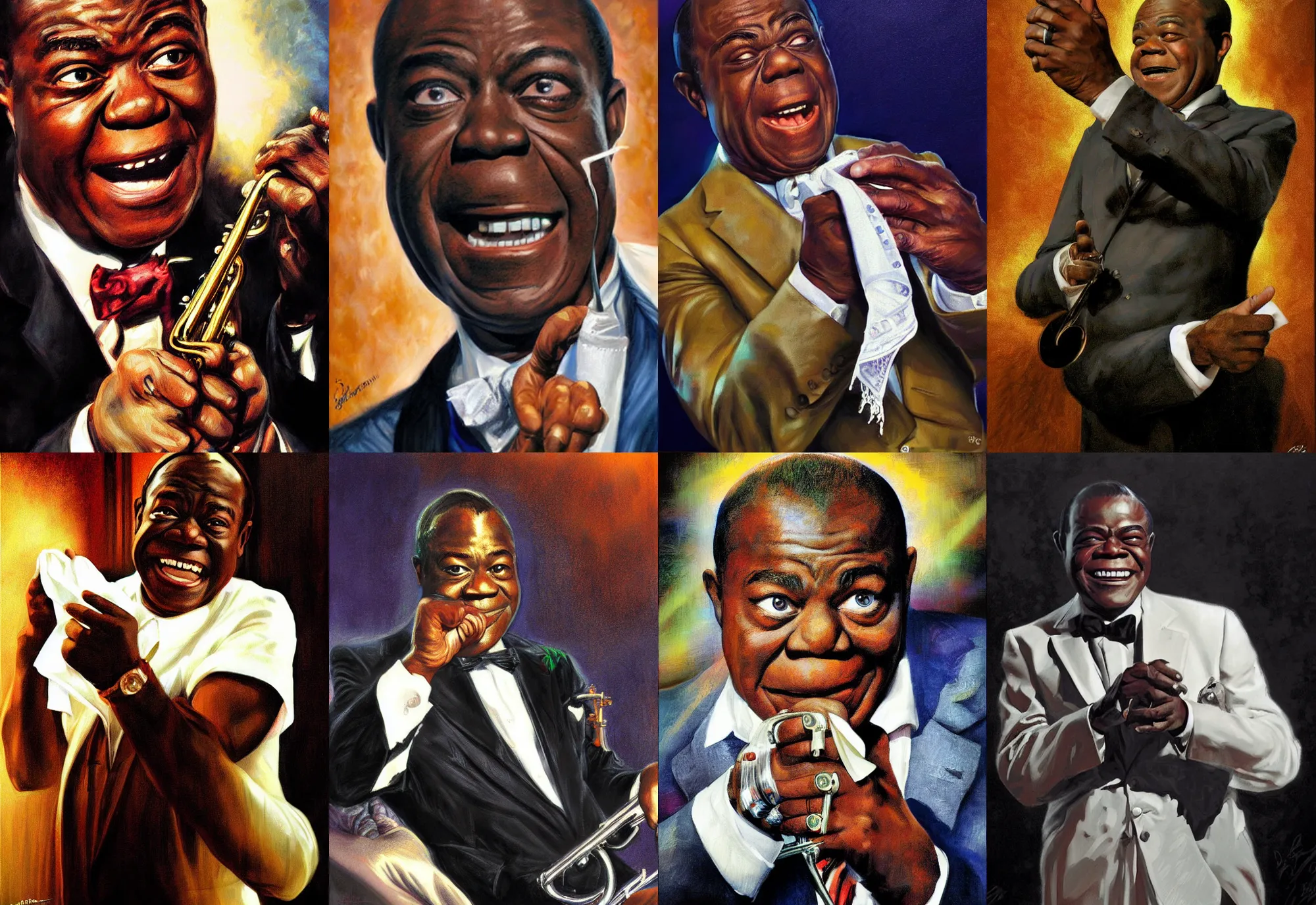 Image similar to a portrait of louis armstrong holding a white handkerchief, by drew struzan, dramatic lighting, highly detailed digital painting