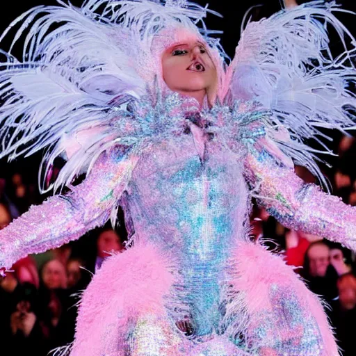 Prompt: Lady gaga in a pink dress standing in front of a crowd, a hologram by Alexander McQueen, trending on pexels, kitsch movement, made of feathers, ethereal, made of crystals