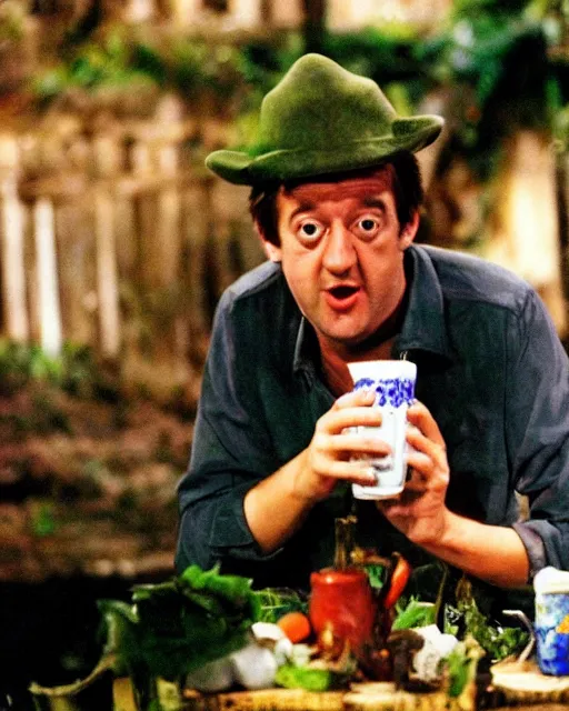 Image similar to rodney trotter drinking milk in a haunted jungle full of cheese at midnight with disco lights and dancing policeman