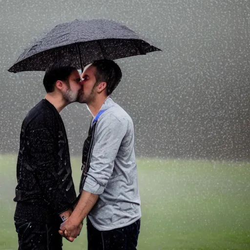 Prompt: an 8 k photo of a couple holding hands while kissing in the rain